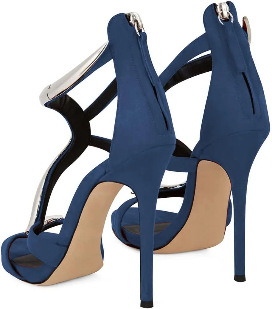 FSJ Women Stiletto High Heels Ankle Strap Sandals Flower Silver Metal Chain Open Toe Zipper Fashion Shoes