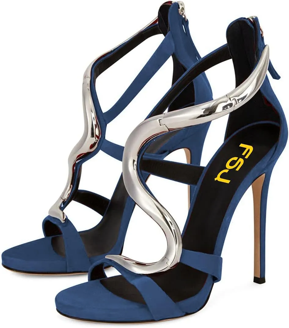 FSJ Women Stiletto High Heels Ankle Strap Sandals Flower Silver Metal Chain Open Toe Zipper Fashion Shoes
