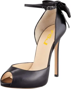 FSJ Women Stiletto High Heels Sandals Peep Toe Pumps Ankle Straps Bows Bridal Dress Party Shoes with Buckle Size 4-15 US