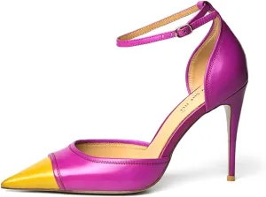 FSJ Women's D'Orsay High Heel Stiletto Buckle Ankle Strap Sandals Closed Pointed Toe Pumps Genuine Leather Dress Shoes Comfort Sole Heels