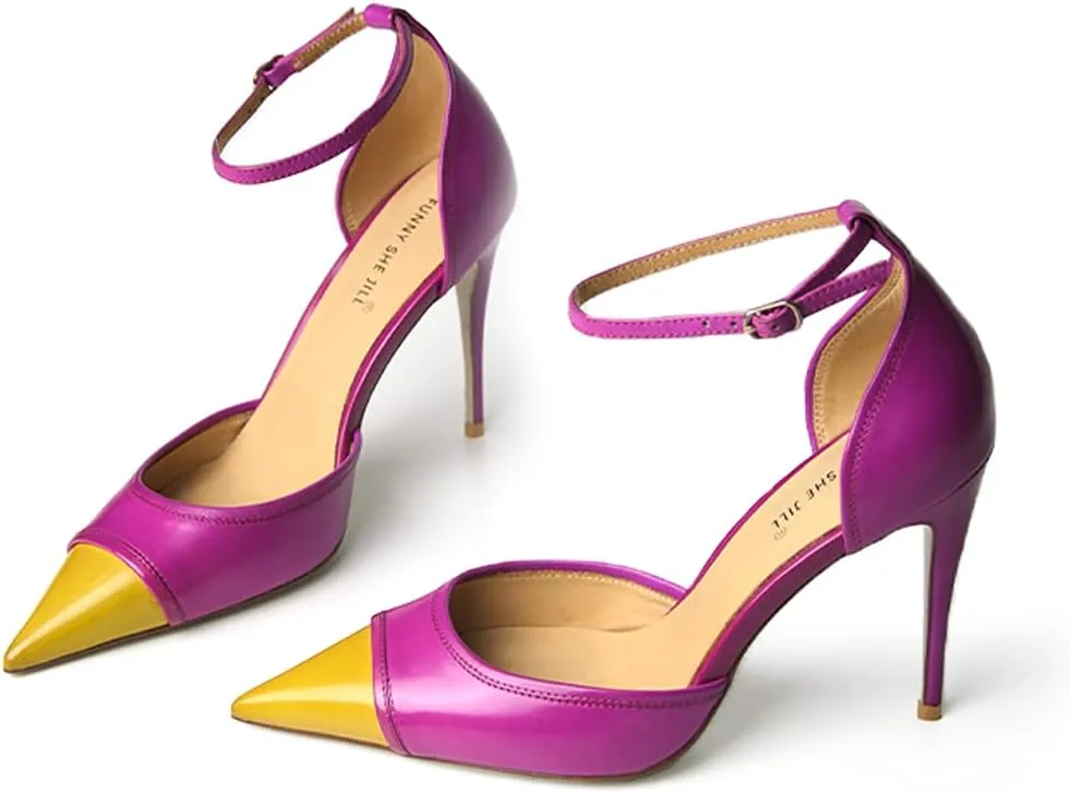 FSJ Women's D'Orsay High Heel Stiletto Buckle Ankle Strap Sandals Closed Pointed Toe Pumps Genuine Leather Dress Shoes Comfort Sole Heels