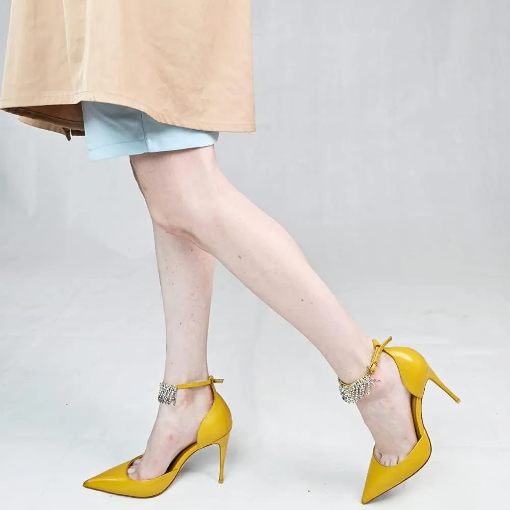 FSJ Women's Pointed Toe Stiletto High Heels Rhinestone Tassel Ankle Strap Leather Pumps Prom Party Dance Shoes Size 4-15 US