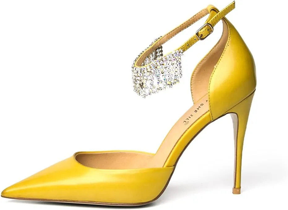 FSJ Women's Pointed Toe Stiletto High Heels Rhinestone Tassel Ankle Strap Leather Pumps Prom Party Dance Shoes Size 4-15 US