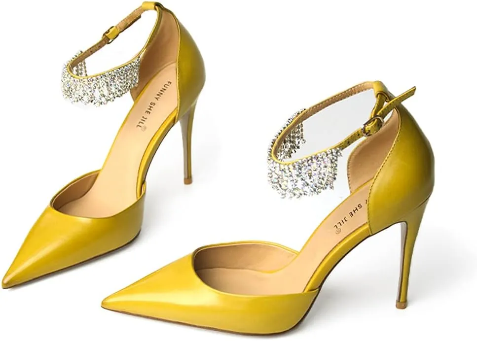 FSJ Women's Pointed Toe Stiletto High Heels Rhinestone Tassel Ankle Strap Leather Pumps Prom Party Dance Shoes Size 4-15 US