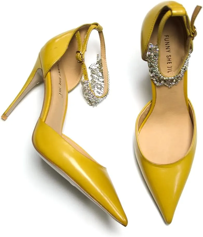 FSJ Women's Pointed Toe Stiletto High Heels Rhinestone Tassel Ankle Strap Leather Pumps Prom Party Dance Shoes Size 4-15 US
