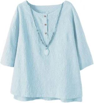 FTCayanz Women's Linen Tops Shirts Summer Casual Jacquard Tunic Blouse