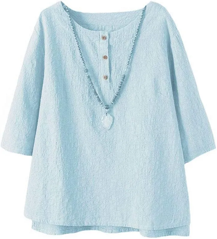 FTCayanz Women's Linen Tops Shirts Summer Casual Jacquard Tunic Blouse