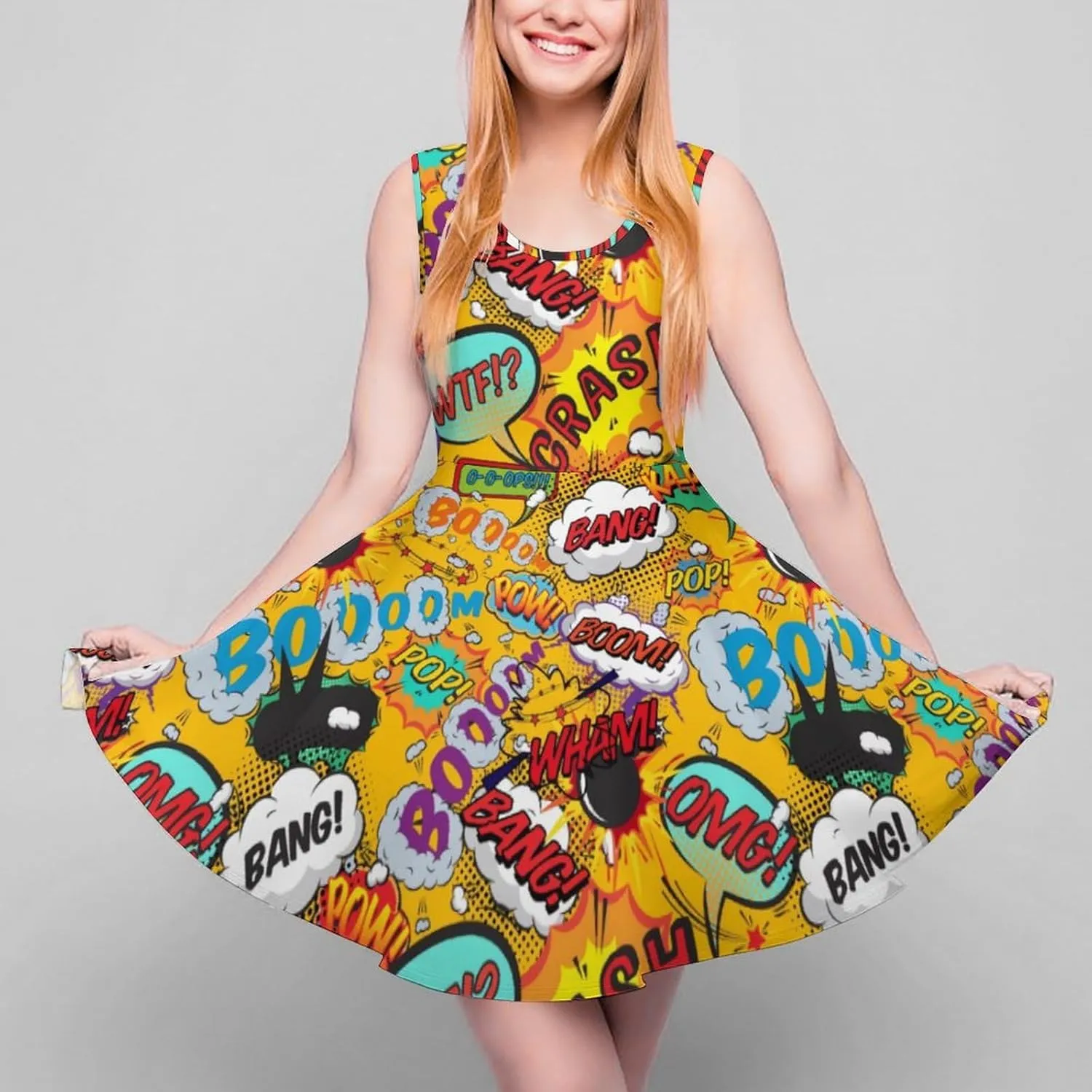 Fun Retro Comic Book Pop Art Explosions Women Dresses Front Zipper Party Dress Sleeveless Swing Casual Work Dress