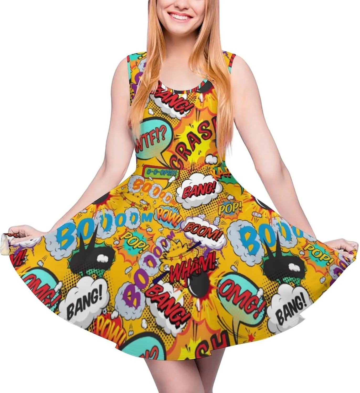 Fun Retro Comic Book Pop Art Explosions Women Dresses Front Zipper Party Dress Sleeveless Swing Casual Work Dress