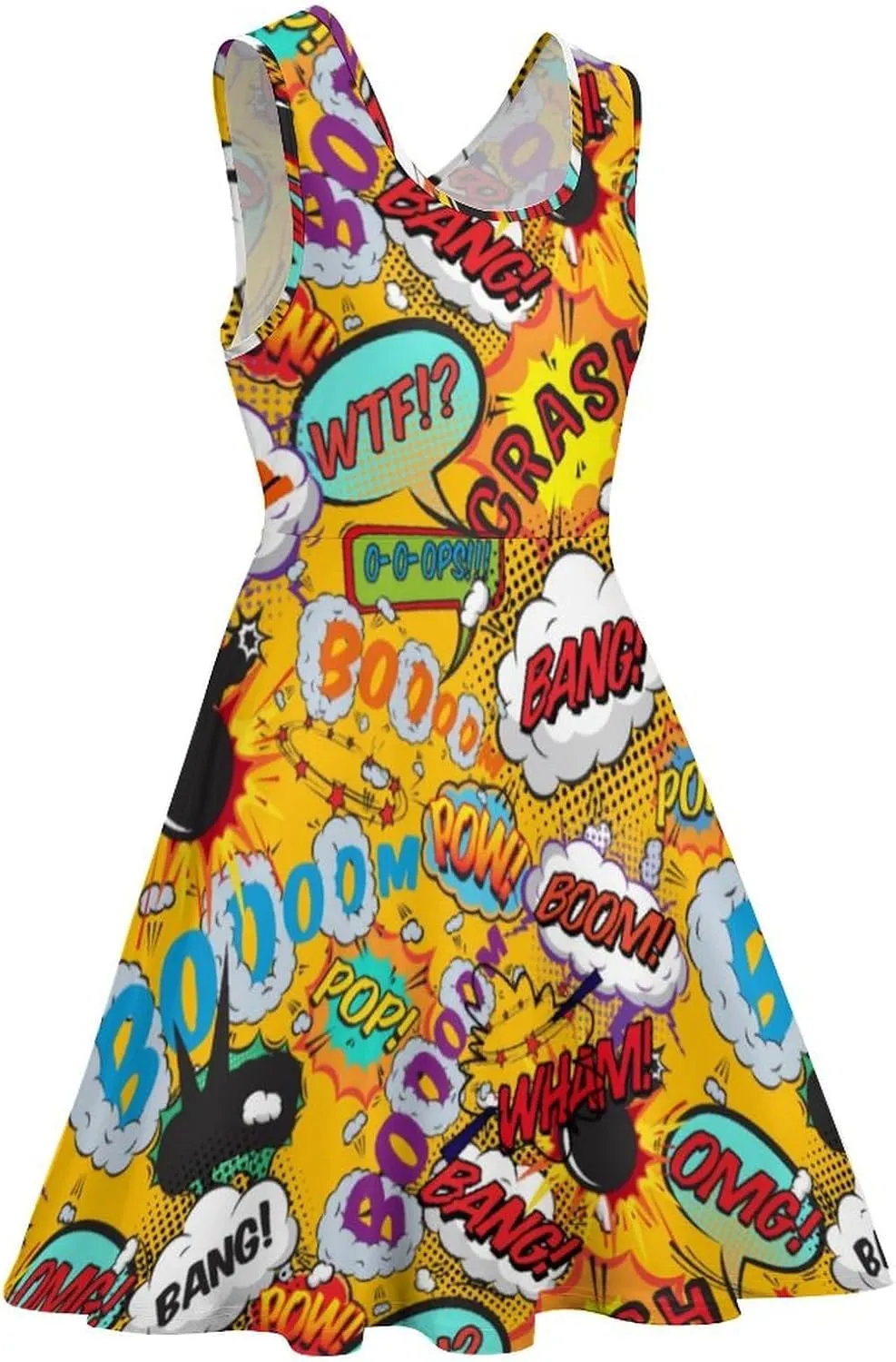 Fun Retro Comic Book Pop Art Explosions Women Dresses Front Zipper Party Dress Sleeveless Swing Casual Work Dress