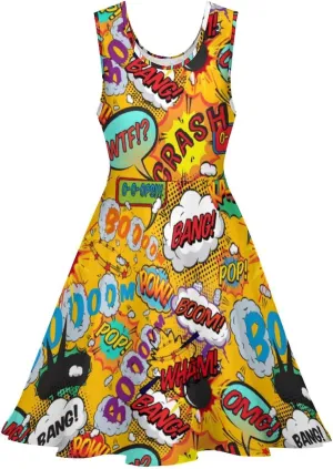 Fun Retro Comic Book Pop Art Explosions Women Dresses Front Zipper Party Dress Sleeveless Swing Casual Work Dress
