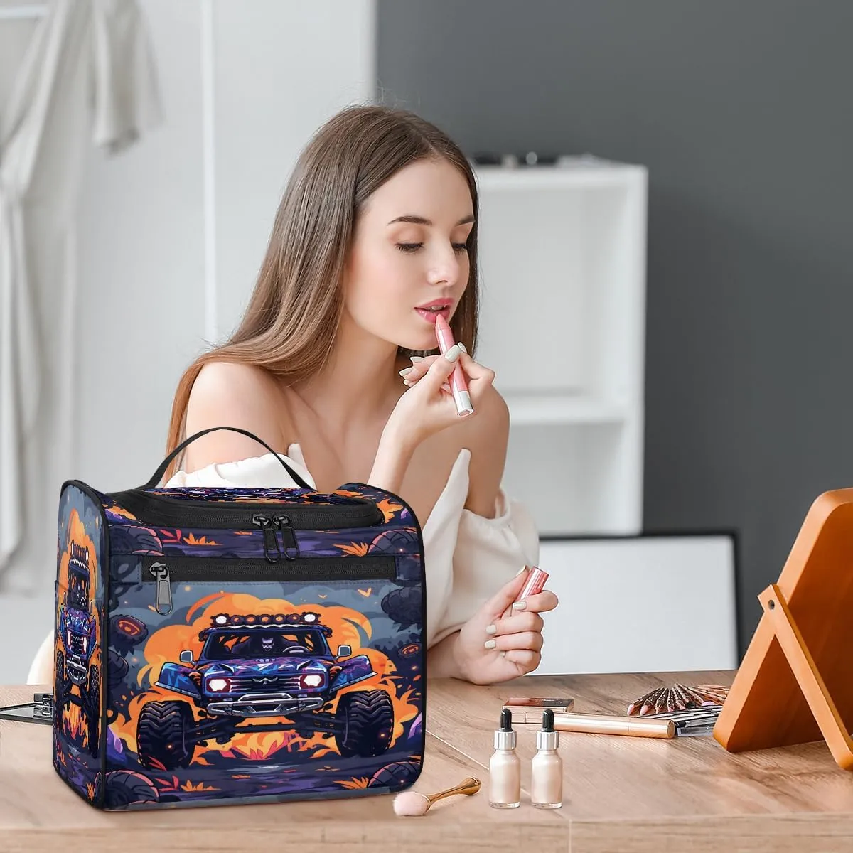 Funny Monster Car Travel Toiletry Bag for Men and Women, Large Hanging Makeup Bag Organizer Toiletries Bag for Travel, Cosmetic Bag with Handle
