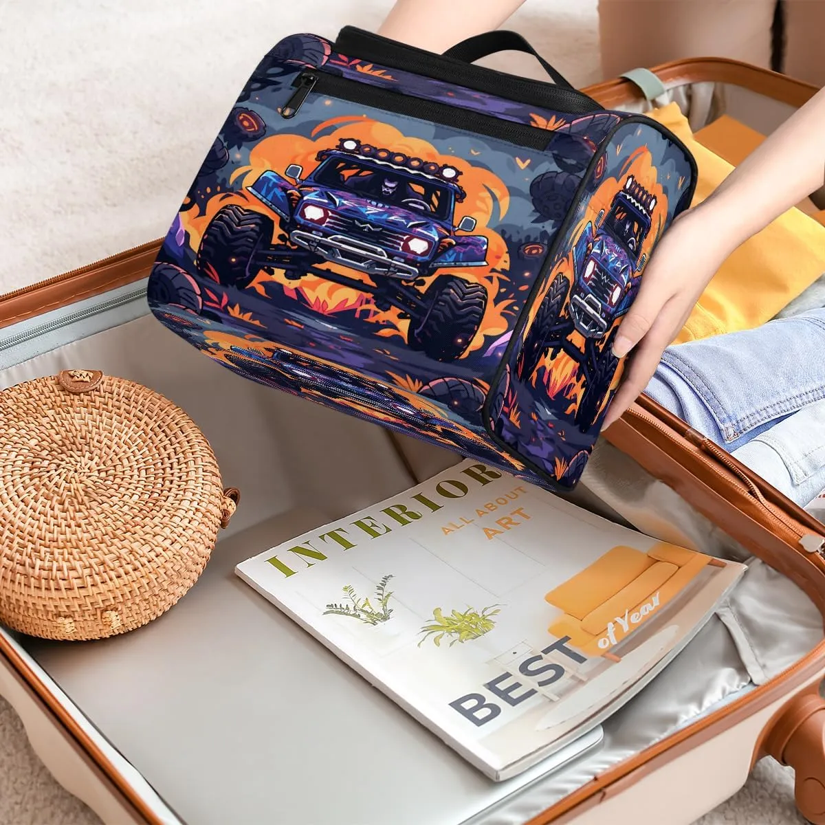 Funny Monster Car Travel Toiletry Bag for Men and Women, Large Hanging Makeup Bag Organizer Toiletries Bag for Travel, Cosmetic Bag with Handle
