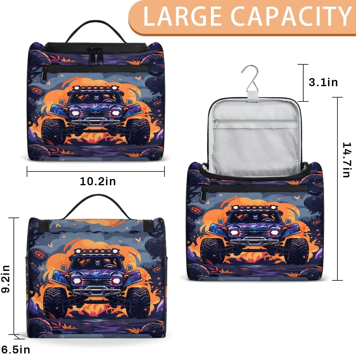 Funny Monster Car Travel Toiletry Bag for Men and Women, Large Hanging Makeup Bag Organizer Toiletries Bag for Travel, Cosmetic Bag with Handle