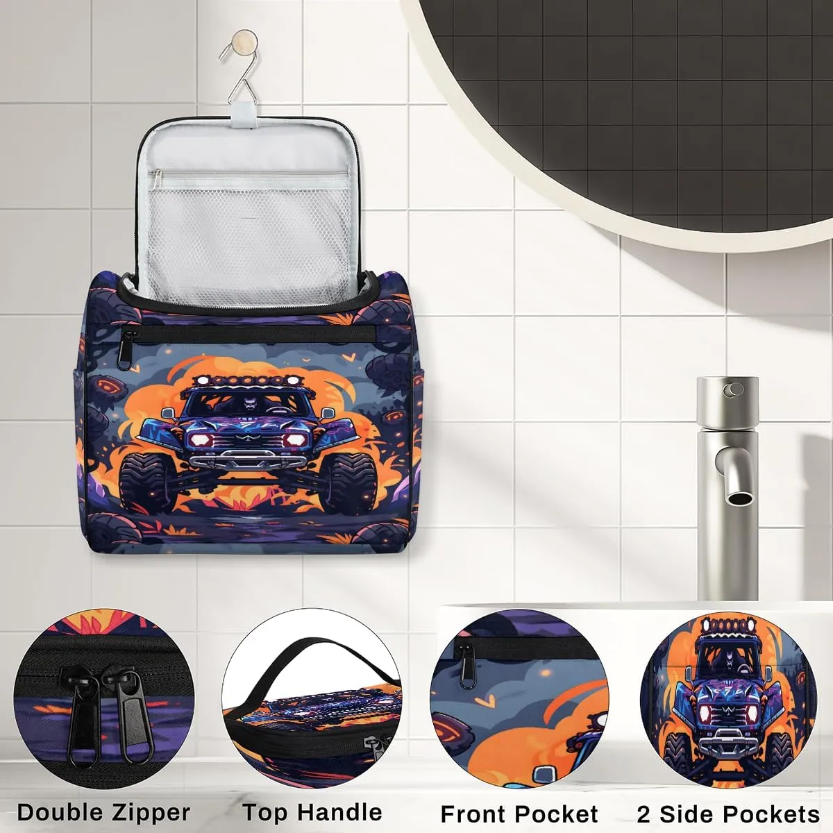 Funny Monster Car Travel Toiletry Bag for Men and Women, Large Hanging Makeup Bag Organizer Toiletries Bag for Travel, Cosmetic Bag with Handle