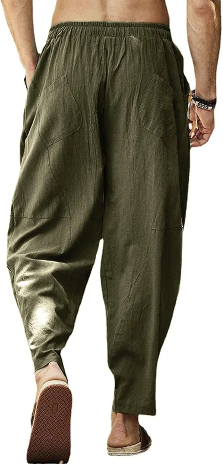 Gafeng Mens Linen Harem Pants Casual Loose Fit Beach Drawstring Elastic Waist Yoga Trousers with Pockets