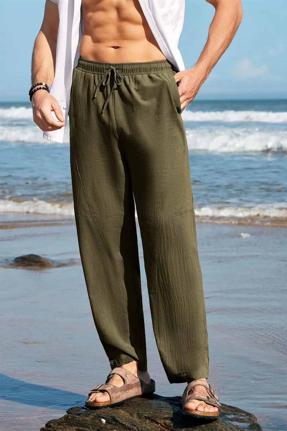 Gafeng Mens Linen Harem Pants Casual Loose Fit Beach Drawstring Elastic Waist Yoga Trousers with Pockets