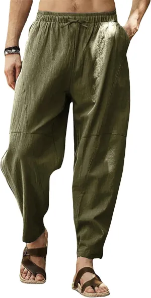 Gafeng Mens Linen Harem Pants Casual Loose Fit Beach Drawstring Elastic Waist Yoga Trousers with Pockets