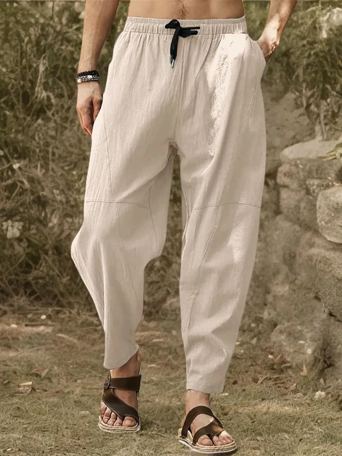Gafeng Mens Linen Harem Pants Casual Loose Fit Beach Drawstring Elastic Waist Yoga Trousers with Pockets