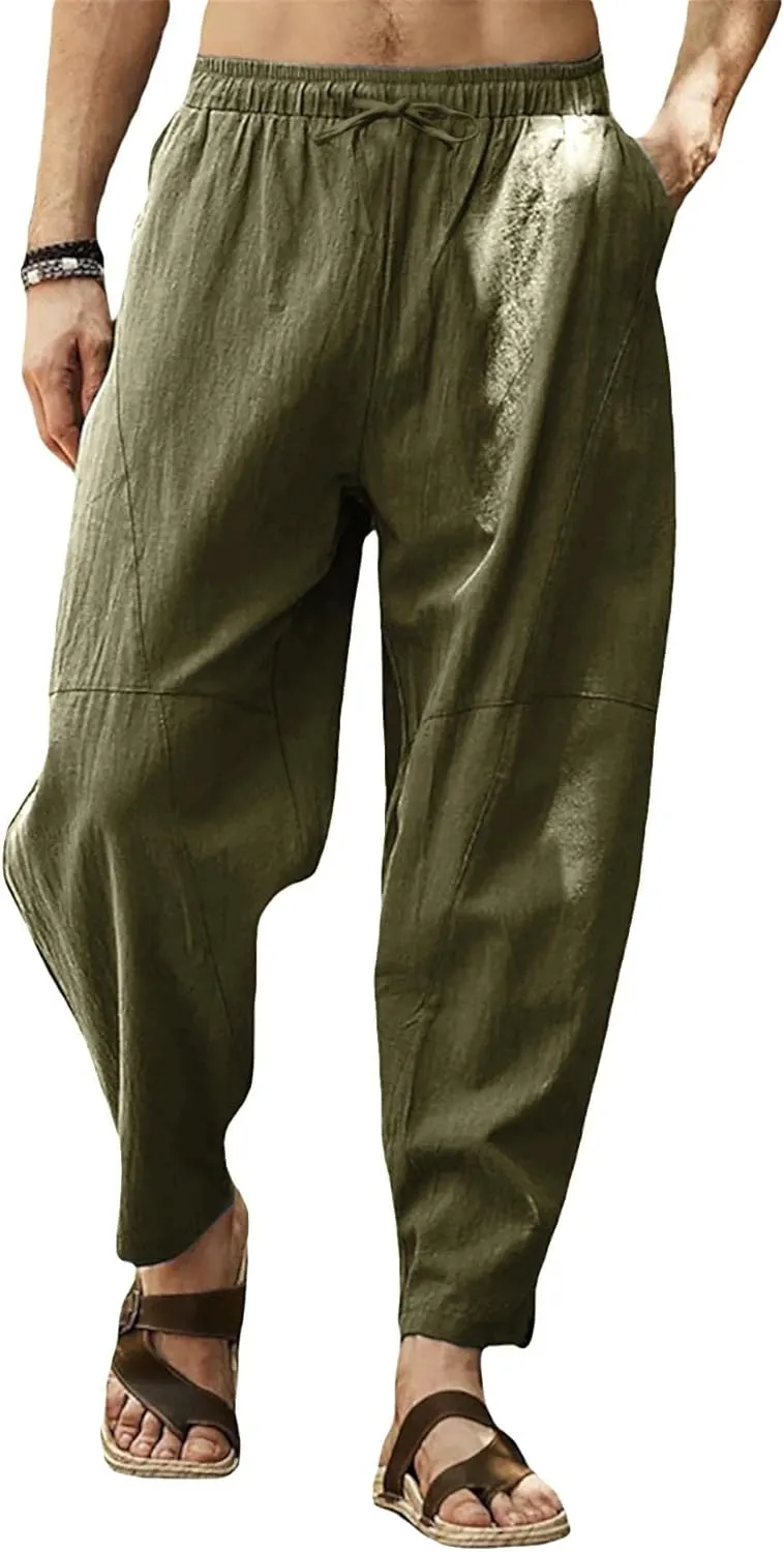 Gafeng Mens Linen Harem Pants Casual Loose Fit Beach Drawstring Elastic Waist Yoga Trousers with Pockets