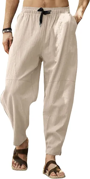 Gafeng Mens Linen Harem Pants Casual Loose Fit Beach Drawstring Elastic Waist Yoga Trousers with Pockets