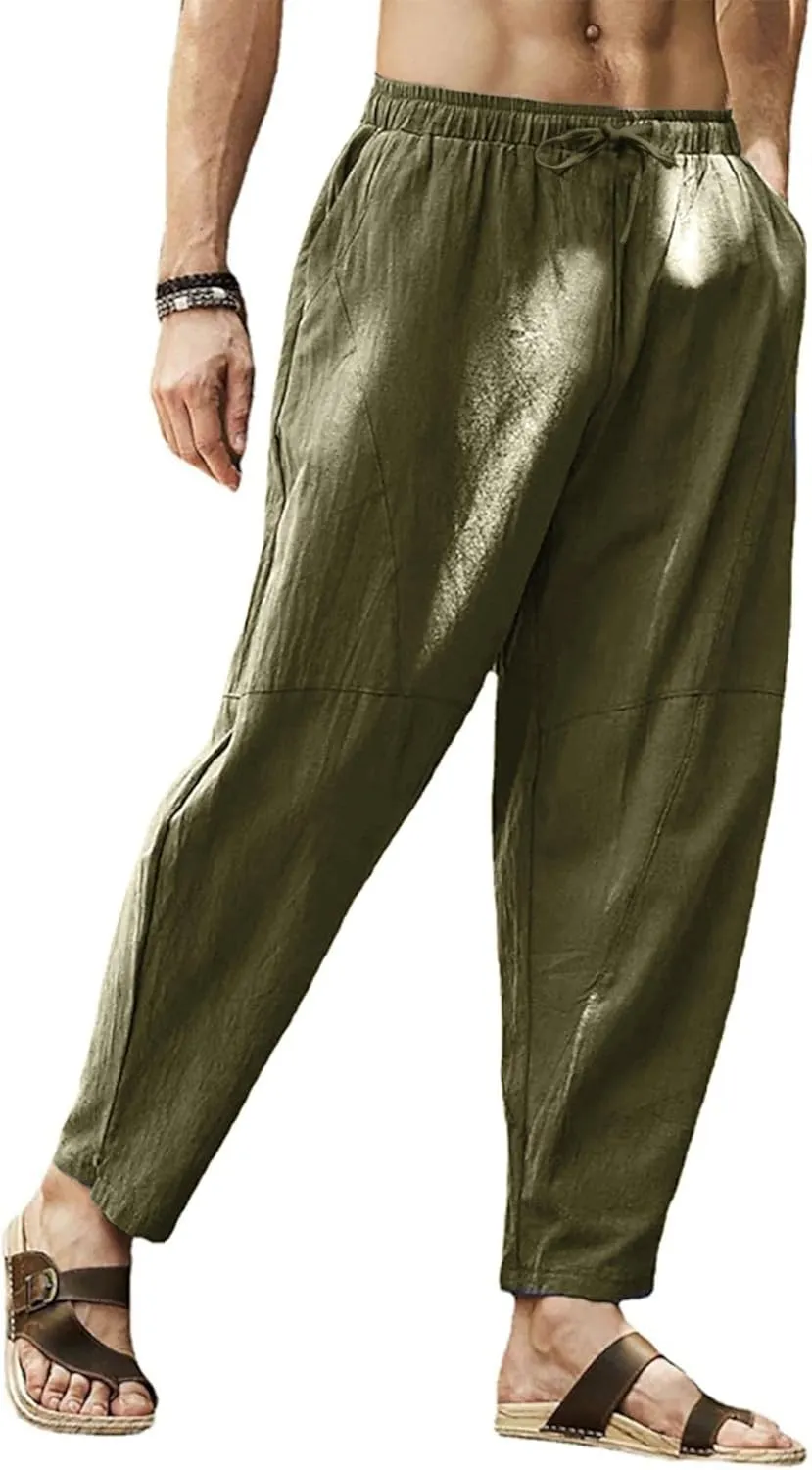 Gafeng Mens Linen Harem Pants Casual Loose Fit Beach Drawstring Elastic Waist Yoga Trousers with Pockets