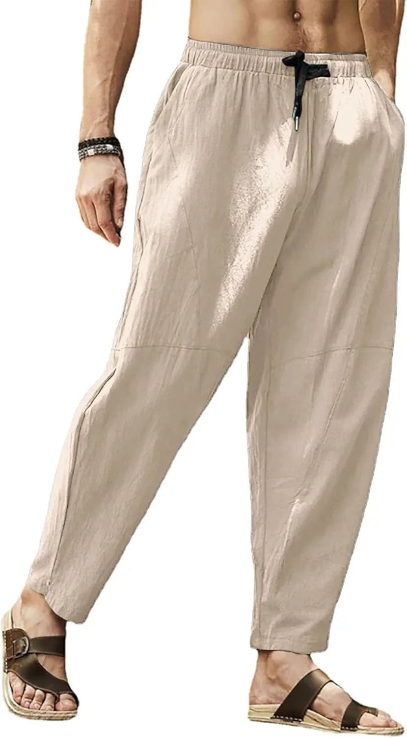 Gafeng Mens Linen Harem Pants Casual Loose Fit Beach Drawstring Elastic Waist Yoga Trousers with Pockets