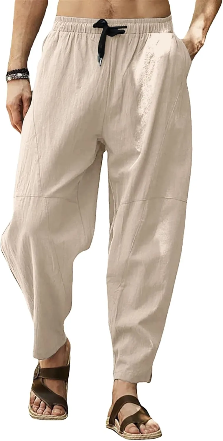Gafeng Mens Linen Harem Pants Casual Loose Fit Beach Drawstring Elastic Waist Yoga Trousers with Pockets