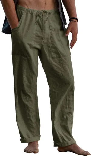 Gafeng Mens Linen Pants Yoga Beach Loose Fit Casual Summer Elastic Waist Drawstring Baggy Trousers with Pockets