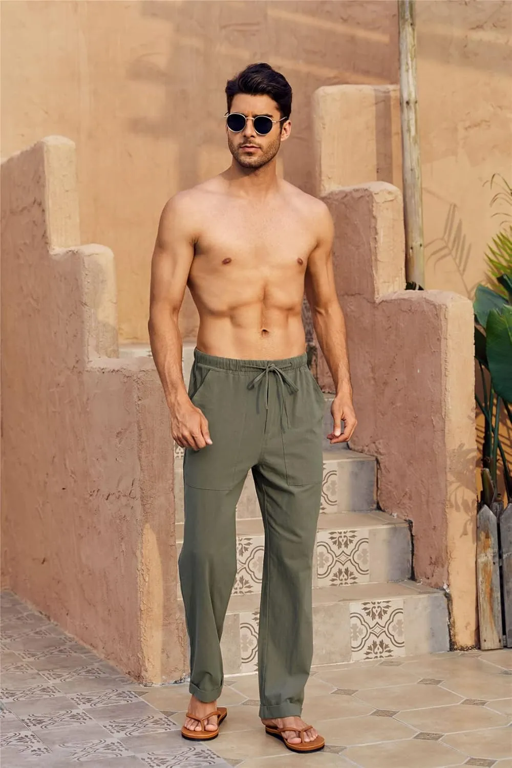 Gafeng Mens Linen Pants Yoga Beach Loose Fit Casual Summer Elastic Waist Drawstring Baggy Trousers with Pockets