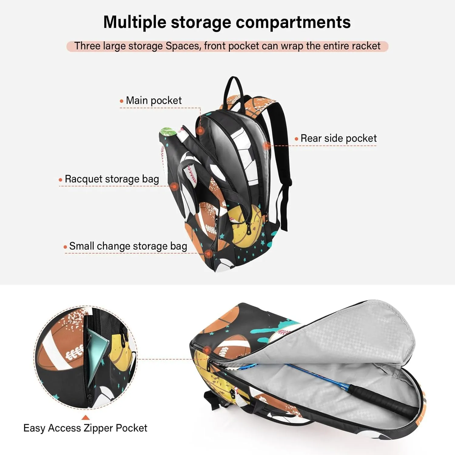 GAIGEO Cool Soccer Graffiti Pickleball Backpack, Multiple Storage Compartments Tennis Racket Backpack, Foldable Pocket