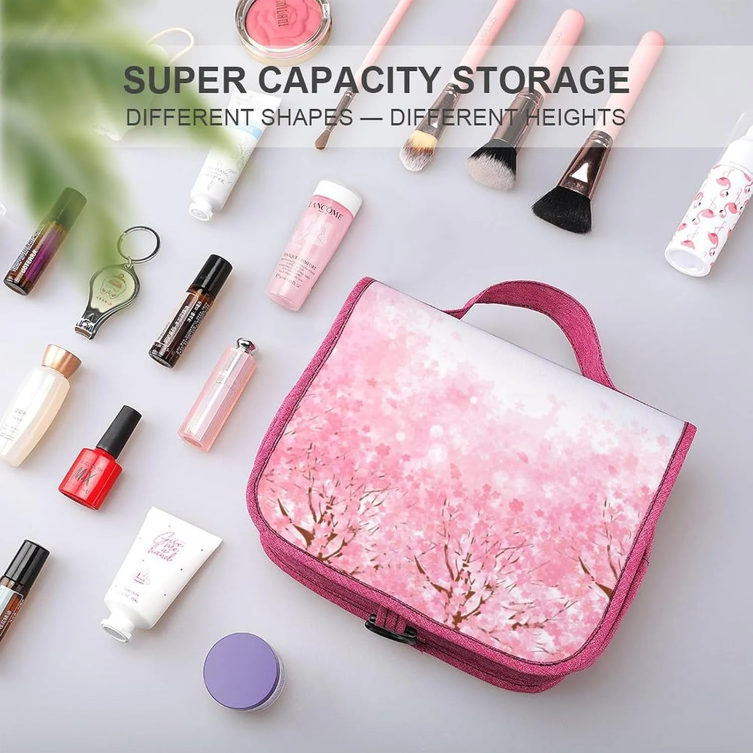 Garden Theme,Waterproof Travel Toiletry Hanging Bag,Blossoming Flowers,Makeup bag,Travel Organizers,Cosmetic Travel-Sized Container,Large Capacity for Women,Dark Blue
