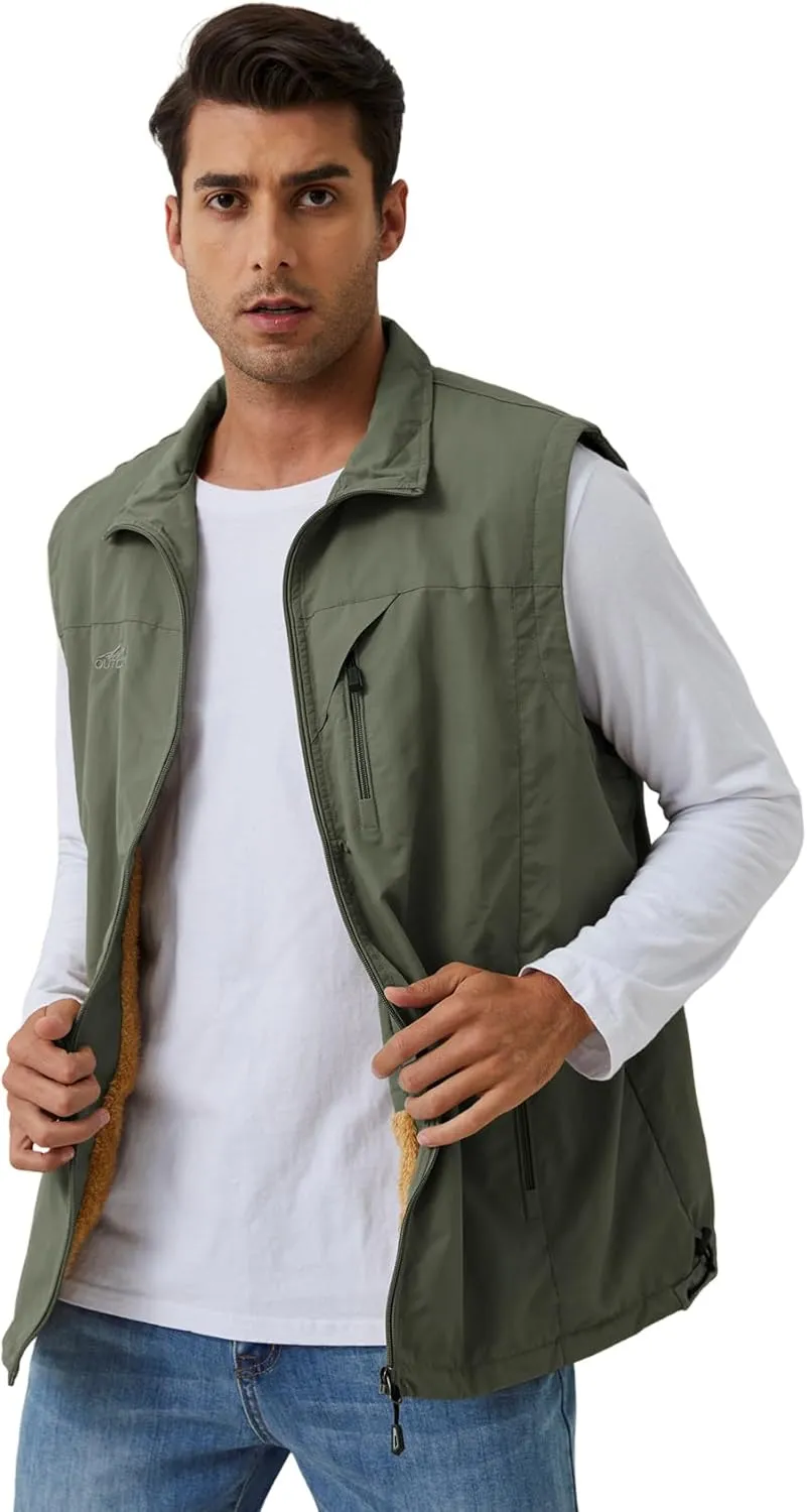 Gihuo Men's Sherpa Lined Fleece Vest Winter Fishing Travel Utility Vest Gilet