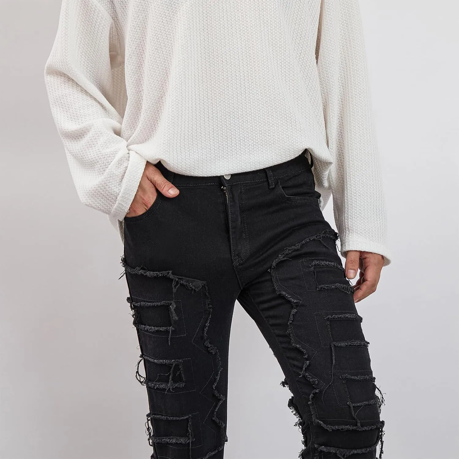 Giraropa Mens Black Stacked Jeans Slim Fit Ripped Jeans Destroyed Straight Denim Pants Harajuku Hip Hop Trouser Streetwear