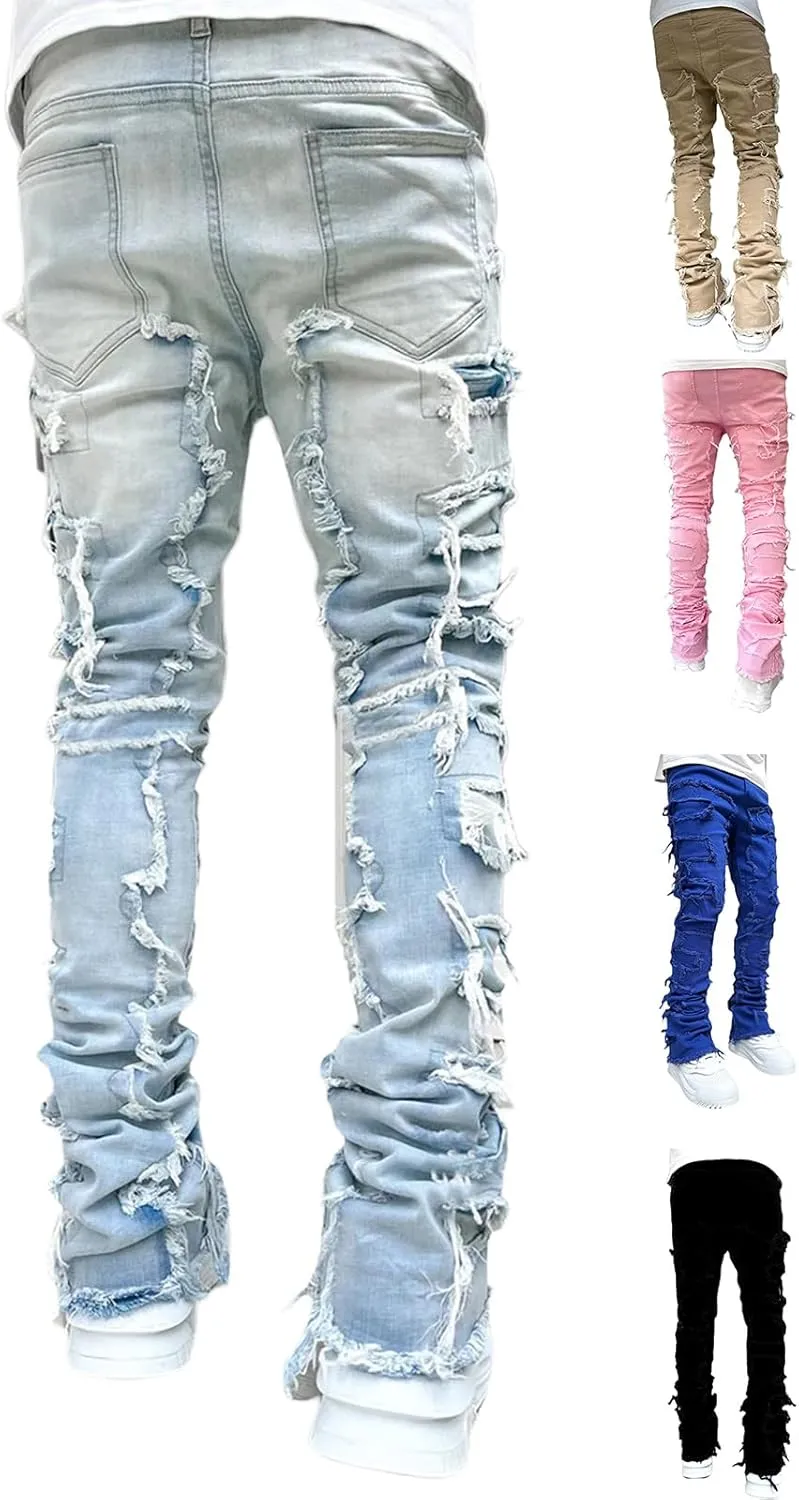 Giraropa Mens Black Stacked Jeans Slim Fit Ripped Jeans Destroyed Straight Denim Pants Harajuku Hip Hop Trouser Streetwear