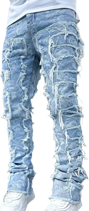 Giraropa Mens Black Stacked Jeans Slim Fit Ripped Jeans Destroyed Straight Denim Pants Harajuku Hip Hop Trouser Streetwear