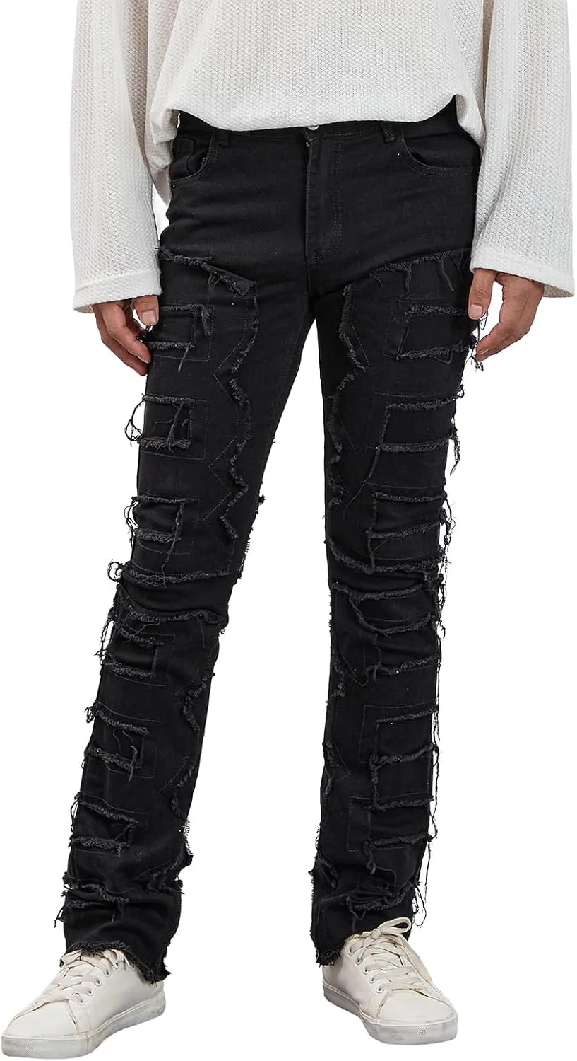 Giraropa Mens Black Stacked Jeans Slim Fit Ripped Jeans Destroyed Straight Denim Pants Harajuku Hip Hop Trouser Streetwear