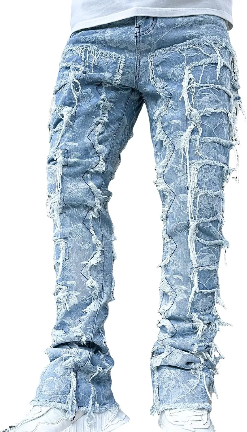 Giraropa Mens Black Stacked Jeans Slim Fit Ripped Jeans Destroyed Straight Denim Pants Harajuku Hip Hop Trouser Streetwear