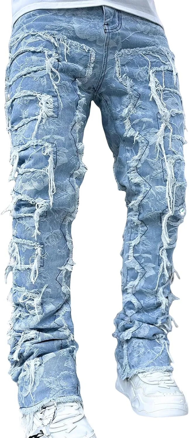 Giraropa Mens Black Stacked Jeans Slim Fit Ripped Jeans Destroyed Straight Denim Pants Harajuku Hip Hop Trouser Streetwear