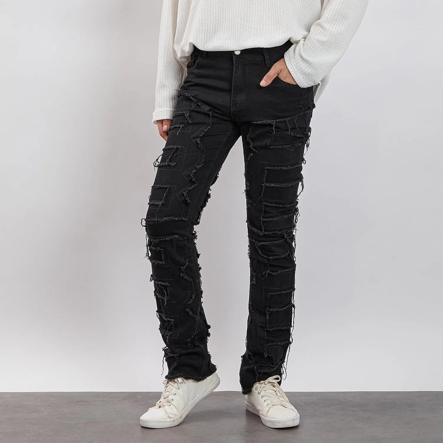 Giraropa Mens Black Stacked Jeans Slim Fit Ripped Jeans Destroyed Straight Denim Pants Harajuku Hip Hop Trouser Streetwear