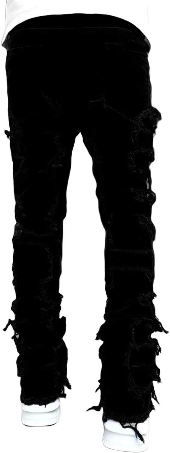 Giraropa Mens Black Stacked Jeans Slim Fit Ripped Jeans Destroyed Straight Denim Pants Harajuku Hip Hop Trouser Streetwear