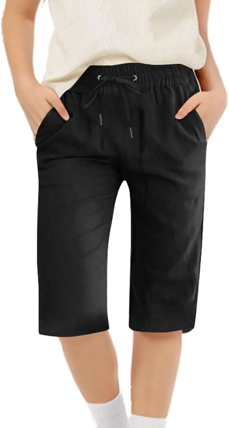 Girls Linen 𝐁ermuda Shorts with Pockets Solid Color Straight Leg Short Pants Fashion Elastic Waist Baggy Shorts