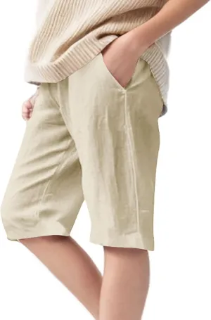 Girls Linen 𝐁ermuda Shorts with Pockets Solid Color Straight Leg Short Pants Fashion Elastic Waist Baggy Shorts
