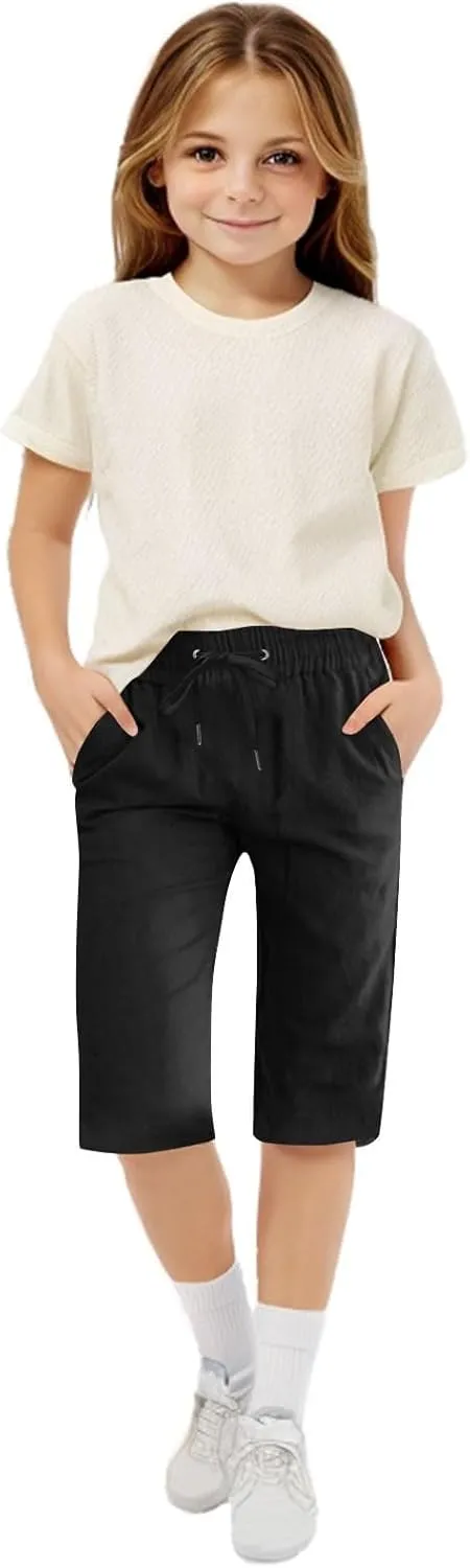 Girls Linen 𝐁ermuda Shorts with Pockets Solid Color Straight Leg Short Pants Fashion Elastic Waist Baggy Shorts