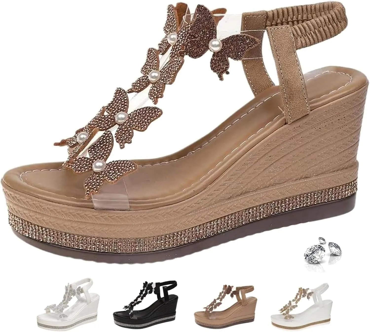 Glitter Butterfly Embellished Open Toe Sandals,Women's Chic Elegant Butterfly Pearl Slip-On Wedge Sandals Ankle Strap Wide Walking Shoes