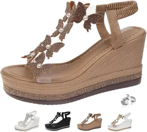 Glitter Butterfly Embellished Open Toe Sandals,Women's Chic Elegant Butterfly Pearl Slip-On Wedge Sandals Ankle Strap Wide Walking Shoes