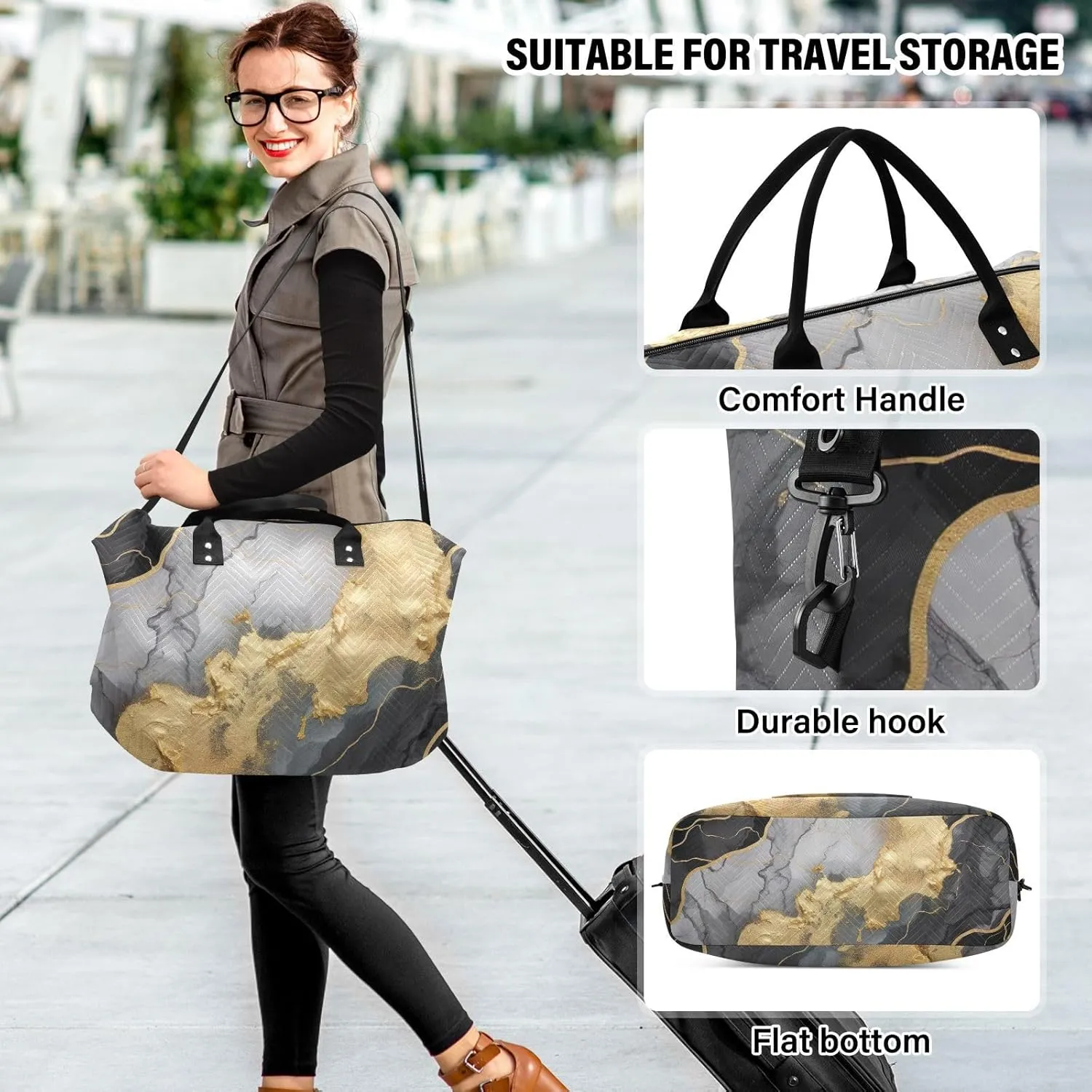 Gold Black Marble Texture Sports Gym Bag for Women Men Travel Duffel Bag Weekend Overnight Carry on Bag with Toiletry Bag Yoga Bag for Swimming Yoga Workout Hospital Plane
