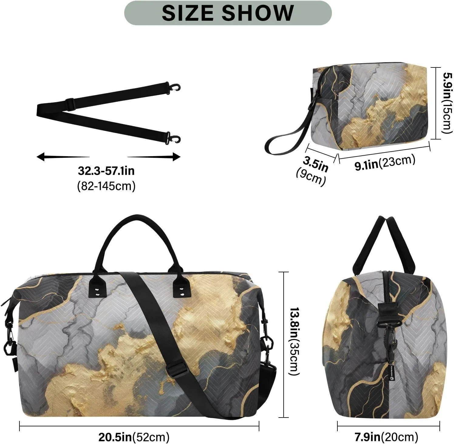 Gold Black Marble Texture Sports Gym Bag for Women Men Travel Duffel Bag Weekend Overnight Carry on Bag with Toiletry Bag Yoga Bag for Swimming Yoga Workout Hospital Plane