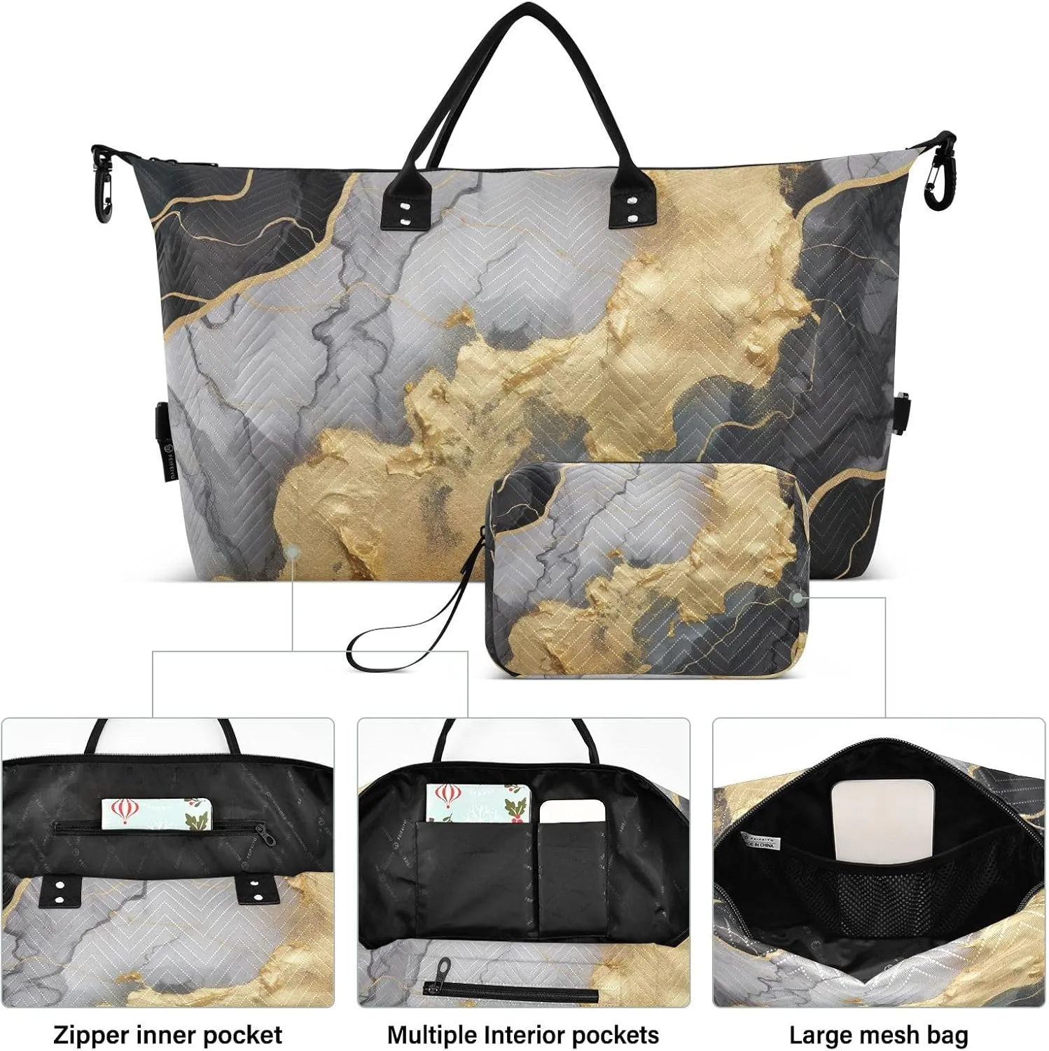 Gold Black Marble Texture Sports Gym Bag for Women Men Travel Duffel Bag Weekend Overnight Carry on Bag with Toiletry Bag Yoga Bag for Swimming Yoga Workout Hospital Plane