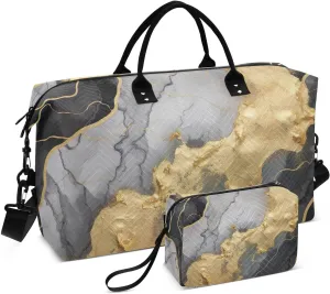 Gold Black Marble Texture Sports Gym Bag for Women Men Travel Duffel Bag Weekend Overnight Carry on Bag with Toiletry Bag Yoga Bag for Swimming Yoga Workout Hospital Plane